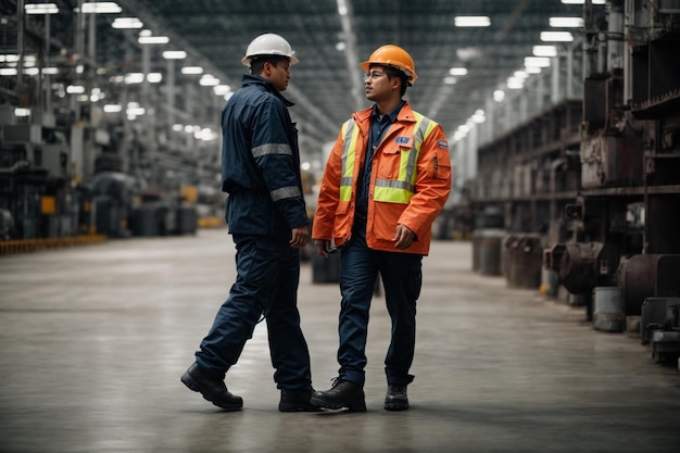 Erwachsene männliche Mitarbeiter in einem Industriegebäude tragen Schutzhelme und Schutzkleidung