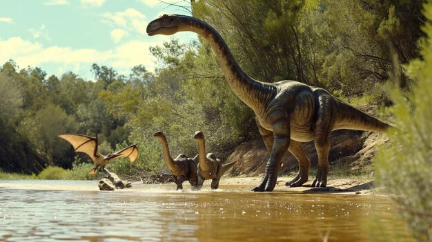 Foto erwachsene mamenchisaurus-dinosaure begleiten ein jungtier über einen fluss pterodactylus-vögel generative ai