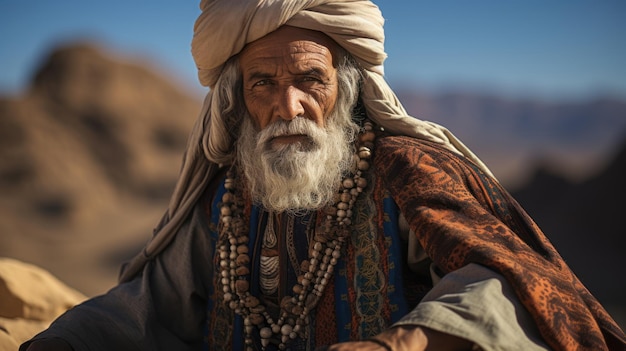 Foto erwachsener berbermann in traditioneller kleidung sitzt auf sand