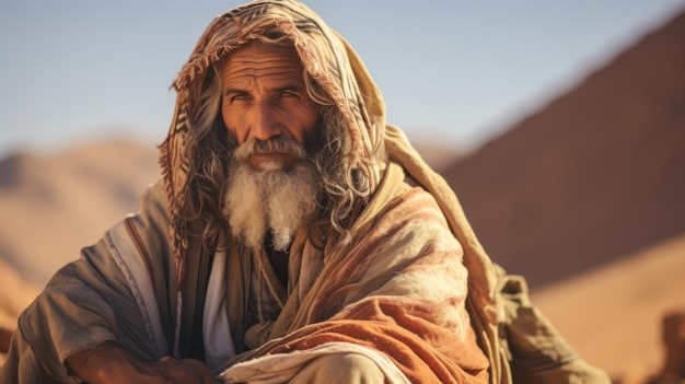 Erwachsener Berbermann in traditioneller Kleidung sitzt auf Sand