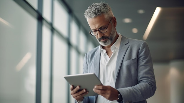 Erwachsener Geschäftsmann mit generativer KI, der online mit einem digitalen Tablet im Büro arbeitet