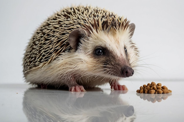 Erwachsener Männchen Vier-Zehen-Igel aka Atelerix albiventris Sitzt nach vorne und isoliert sich auf einem weißen Hintergrund