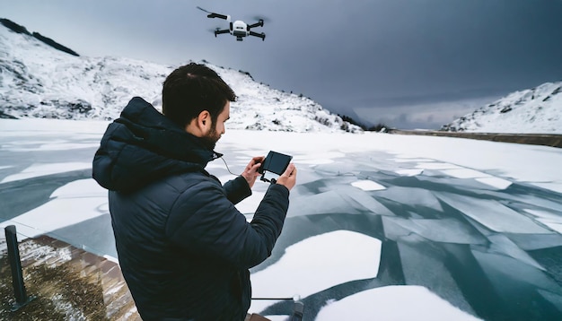 Erwachsener männlicher Reisender verwendet ein Smartphone und eine ferngesteuerte Drohne zum Aufnehmen von Topview-Landsca aus der Luft