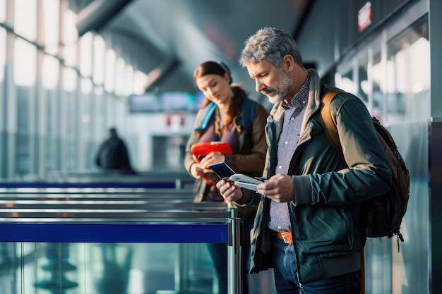Erwachsener Mann im Flughafen, der ihr Ticket auf dem Smartphone scannt
