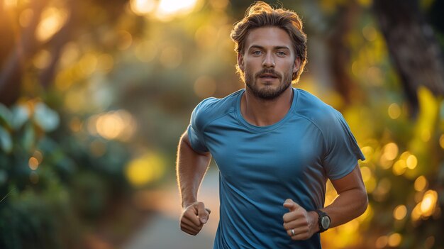 Erwachsener Mann joggt im sonnigen Park