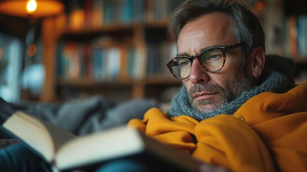 Erwachsener Mann mit Bart und Brille, der sich mit dem Lesen eines Buches beschäftigt und einen warmen Pullover trägt