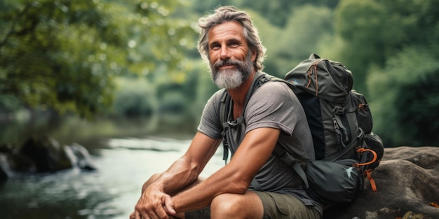 Erwachsener Mann mit Rucksack sitzt auf einem Felsen am Fluss und kommt vom Berg herunter.
