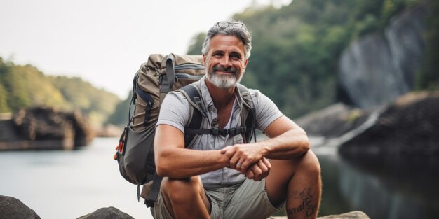 Erwachsener Mann mit Rucksack sitzt auf einem Felsen am Fluss und kommt vom Berg herunter.