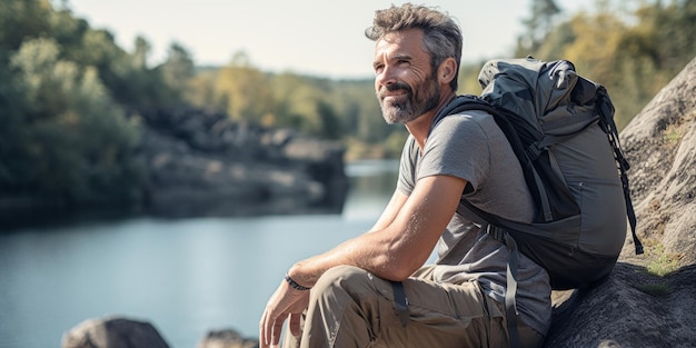 Erwachsener Mann mit Rucksack sitzt auf einem Felsen am Fluss und kommt vom Berg herunter.