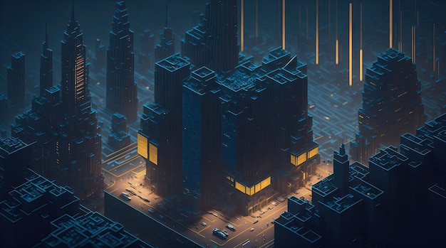 Erwecken Sie ein futuristisches isometrisches Stadtbild zum Leben