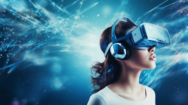 Erweiterte Virtual-Reality-Technologie-Frau mit VR-Brille, High-Tech-Hintergrund