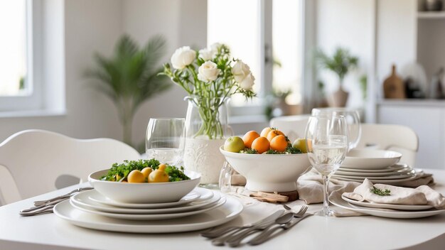 Erzählen Sie eine Geschichte durch Ihre Linse, indem Sie einen weißen Küchentisch für eine Mahlzeit fotografieren.