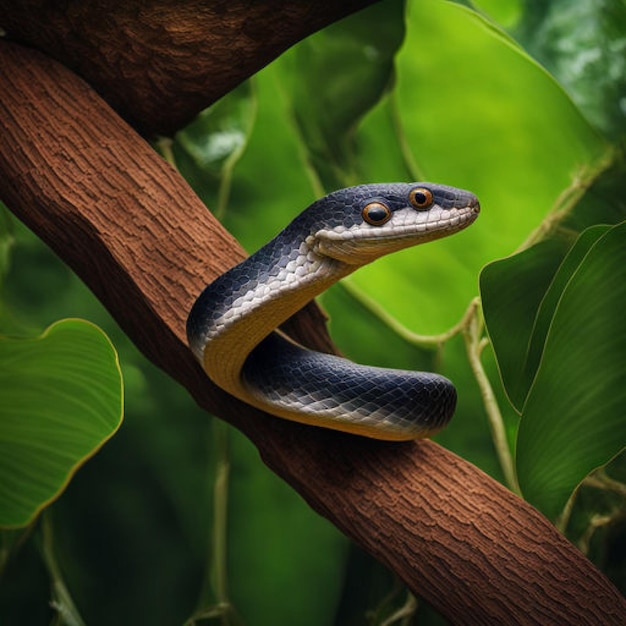 Erzeugen Sie ein KI-Porträt einer Schlange auf einem schattigen Baumzweig in einem tropischen Wald
