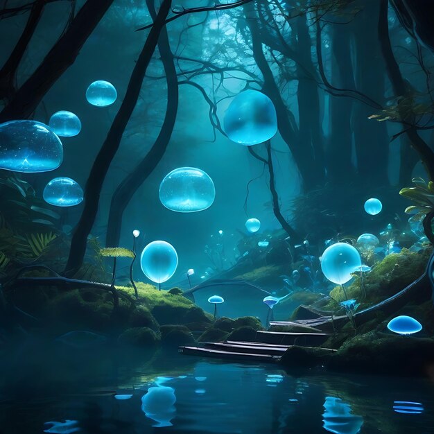 Erzeugen Sie einen außerirdischen Wald mit biolumineszierenden Pflanzen und surrealen schwebenden Lichtkugeln
