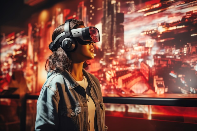 Foto erzeugte illustration einer jungen frau mit einem mr-headset und erlebt virtuelle realität