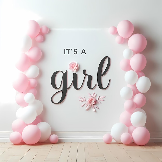 Foto es una bandera de chica con globos rosados y blancos chica género revelar celebración renderización 3d