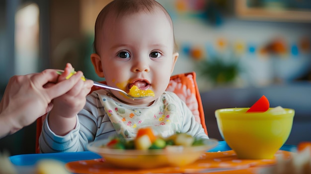 Este es un bebé comiendo frutas y verduras con un tenedor