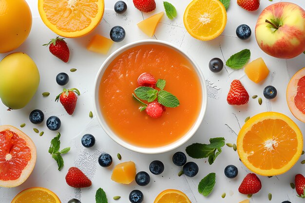 Foto es buah o sopa de frutas aislada sobre un fondo blanco