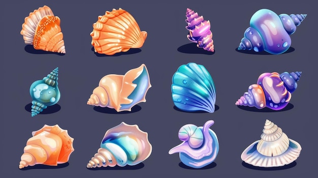 Esta es una colección de iconas de la interfaz de usuario de juegos de conchas marinas o oceánicas. Estas son ilustraciones modernas de dibujos animados de coloridas criaturas marinas submarinas con caracoles de acuario de conchas con almejas con cuernos escarpadas.