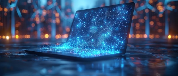 Esta es una computadora portátil azul cielo abstracta con turbinas eólicas concepto de generación de energía renovable diseño de estilo de poli bajo fondo geométrico estructura de conexión de luz de marco de alambre gráfico 3D moderno