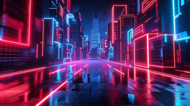 Este es un concepto abstracto de una calle urbana nocturna en la ciudad con luces de neón azules y rojas y formas geométricas en un fondo geométrico
