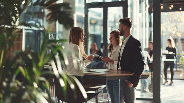 Foto es un concepto de asociación donde personas diversas se reúnen en una oficina moderna y ligera, se comunican, desarrollan relaciones profesionales, cooperan, discuten contratos de trabajo y hacen negocios.