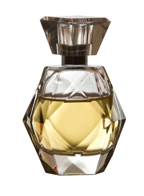 Es cuadrado con frasco de perfume de mujer sobre un fondo blanco.