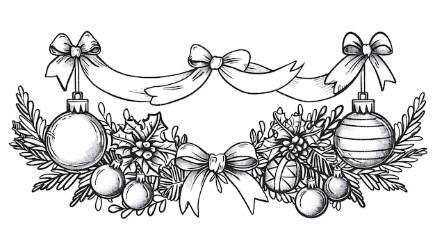 Este es un dibujo en blanco y negro de una guirlanda de Navidad La guirlanda está hecha de pino y bayas y está decorada con arcos y adornos