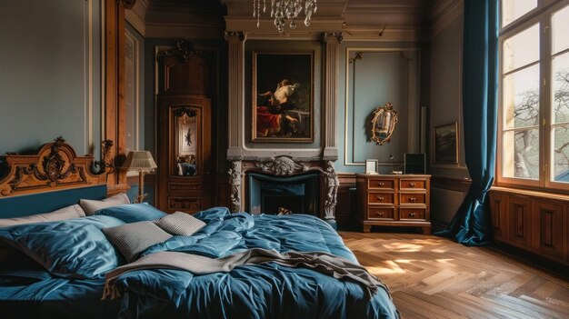 Este es un dormitorio elegante con una chimenea portal una pintura y una cómoda cama con azul