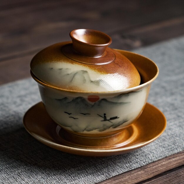Esta es una elegante taza de té japonesa que cuenta con un hermoso diseño escénico en ella