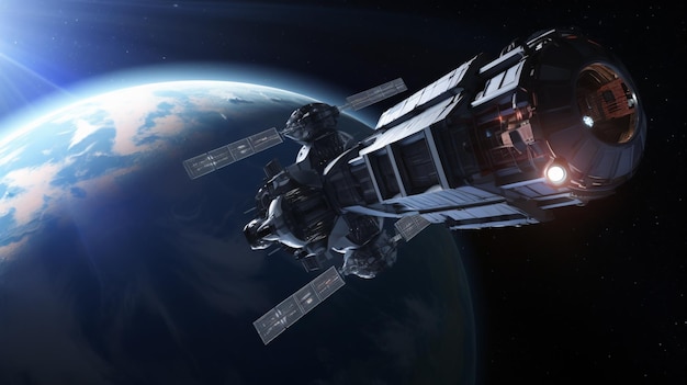 Es entsteht ein atemberaubendes Science-Fiction-Hintergrundbild, das ein Frachtraumschiff neben der prächtigen Erde zeigt