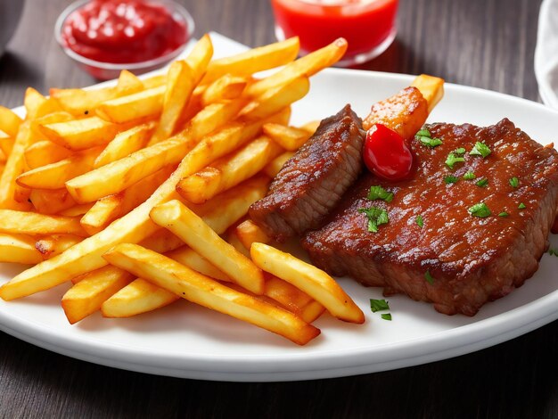 Es entsteht ein Gourmet-Menü aus frittiertem Rindfleisch und Pommes Frites