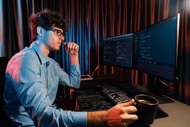Es Entwickler denken Online-Software und halten Kaffeetasse Gusher