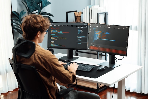 Es Entwickler mit stressiger Überarbeit bei der Erstellung von Online-Software-Code Gusher