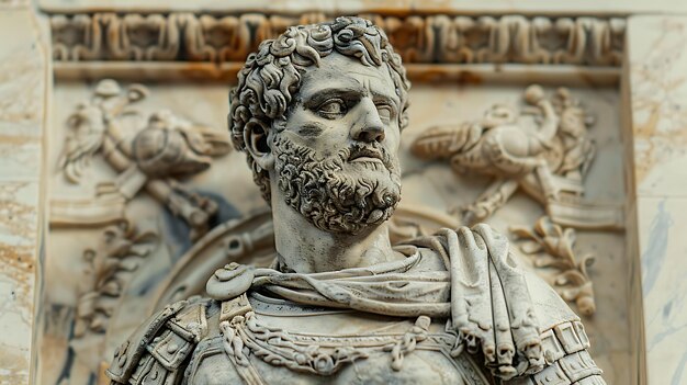 Esta es una estatua de mármol de un joven con cabello rizado y barba.