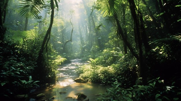 Foto es fließt ein bach durch einen üppig grünen wald voller bäume.