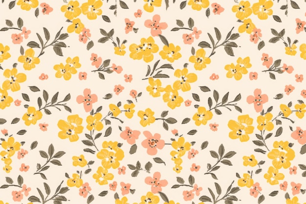 Este es un fondo floral vintage con un patrón floral con pequeñas flores amarillas en un amarillo