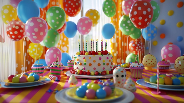 Esta es una foto de una fiesta de cumpleaños bellamente decorada Hay un gran pastel en la mesa rodeado de pasteles y otras golosinas dulces