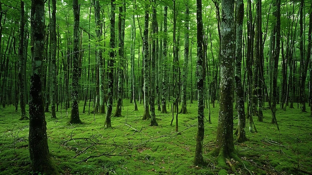 Foto esta es una foto de un hermoso bosque verde exuberante los árboles son altos y rectos y las hojas son de un verde vibrante