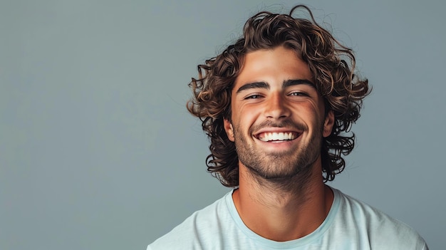 Esta es una foto de un joven con el cabello largo y rizado, está sonriendo y tiene una expresión feliz en su cara.