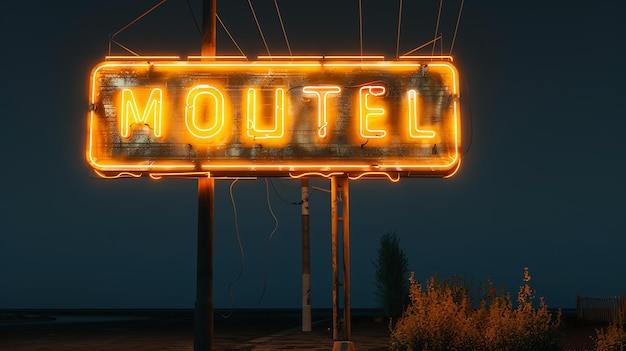 Esta es una foto de un letrero de motel vintage por la noche El letrero está hecho de tubos de neón naranja y tiene un diseño retro