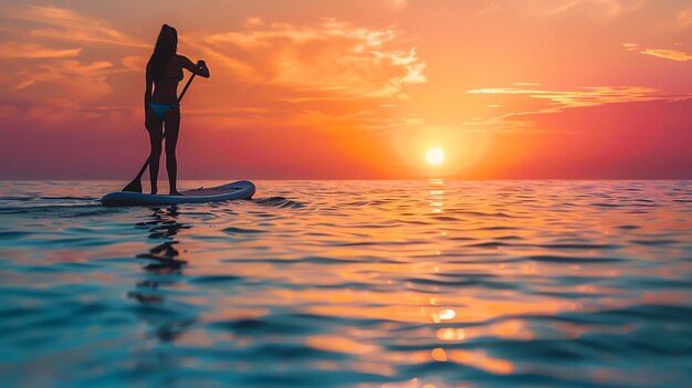 Esta es una foto de una mujer haciendo paddleboard al atardecer. Los colores cálidos del cielo y el agua crean una escena pacífica y serena.