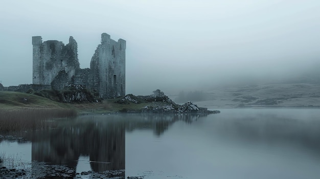 Esta es una foto de paisaje de mal humor de un castillo en ruinas en un lago el agua está quieta y oscura reflejando las ruinas del castillo