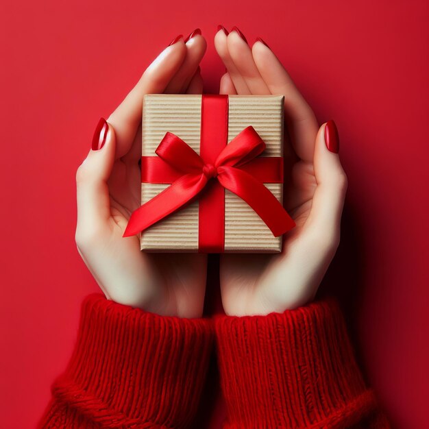 Esta es una foto de un par de manos sosteniendo una pequeña caja de regalos con una cinta roja.