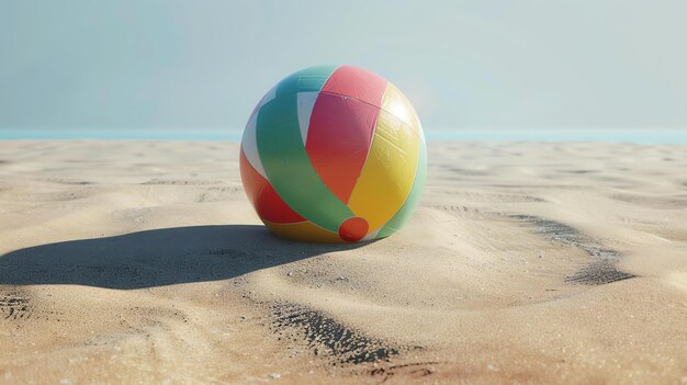 Foto esta es una foto de una pelota de playa sentada en la arena. la pelota es de colores brillantes y tiene un patrón rojo, azul y amarillo.