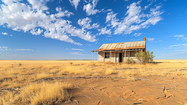 Esta es una foto de una vieja casa abandonada en medio de un vasto paisaje desértico seco con un cielo azul claro y nubes blancas delgadas
