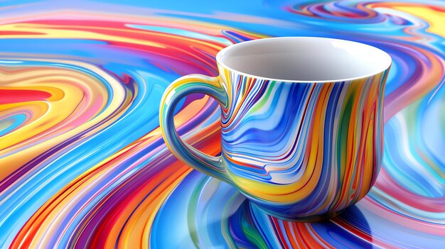 Foto esta es una fotografía de una taza de café multicolor con un fondo blanco la taza está sentada en una mesa con un fondo colorido