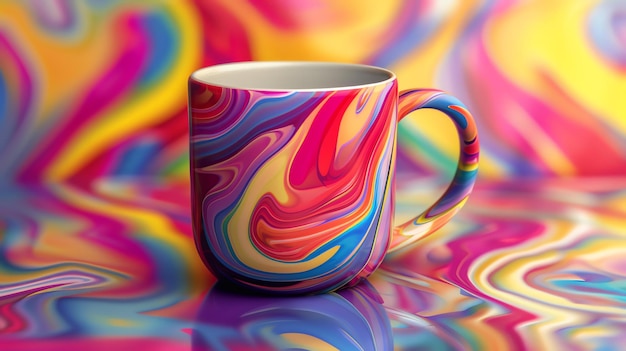 Foto esta es una fotografía de una taza de café multicolor la taza tiene un fondo blanco con un patrón de mármol de rojo azul amarillo y rosa