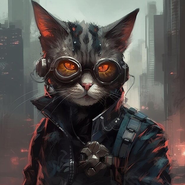 Este es un gato cyberpunk lleva una chaqueta negra y tirantes con pupilas rojas y gafas negras llevaba un arma de plata y tenía una expresión feroz y ojos afilados generativos ai