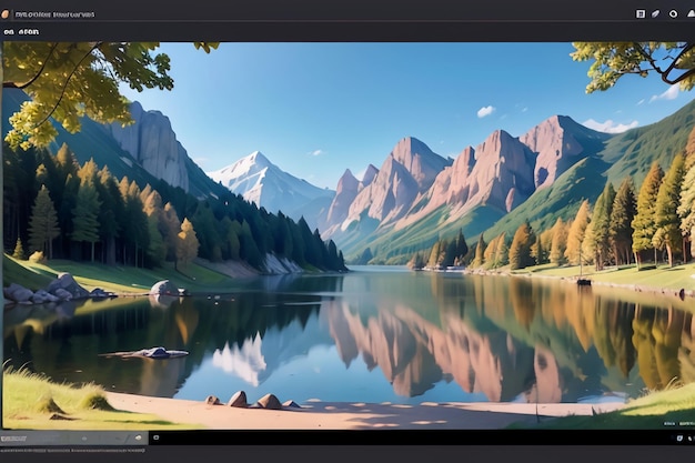 Foto es gibt berge und klares seewasser unter schönem landschaftstapetenhintergrund des blauen himmels